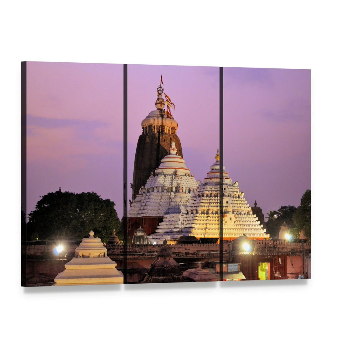 Jagannath Temple at Dusk Canvas Wall Art, 3 panel 3 Horizontal layout gallery wrapped canvas set, angled product view