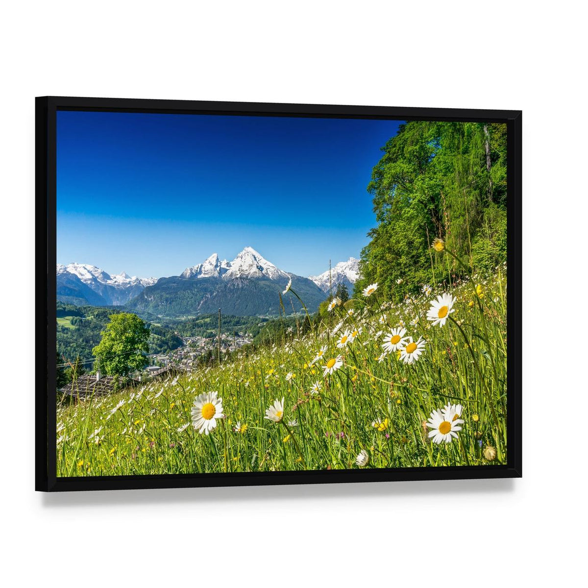 Mountain Landscape in Bavarian Alps Canvas Wall Art, framed canvas in a black floater frame, angled product view