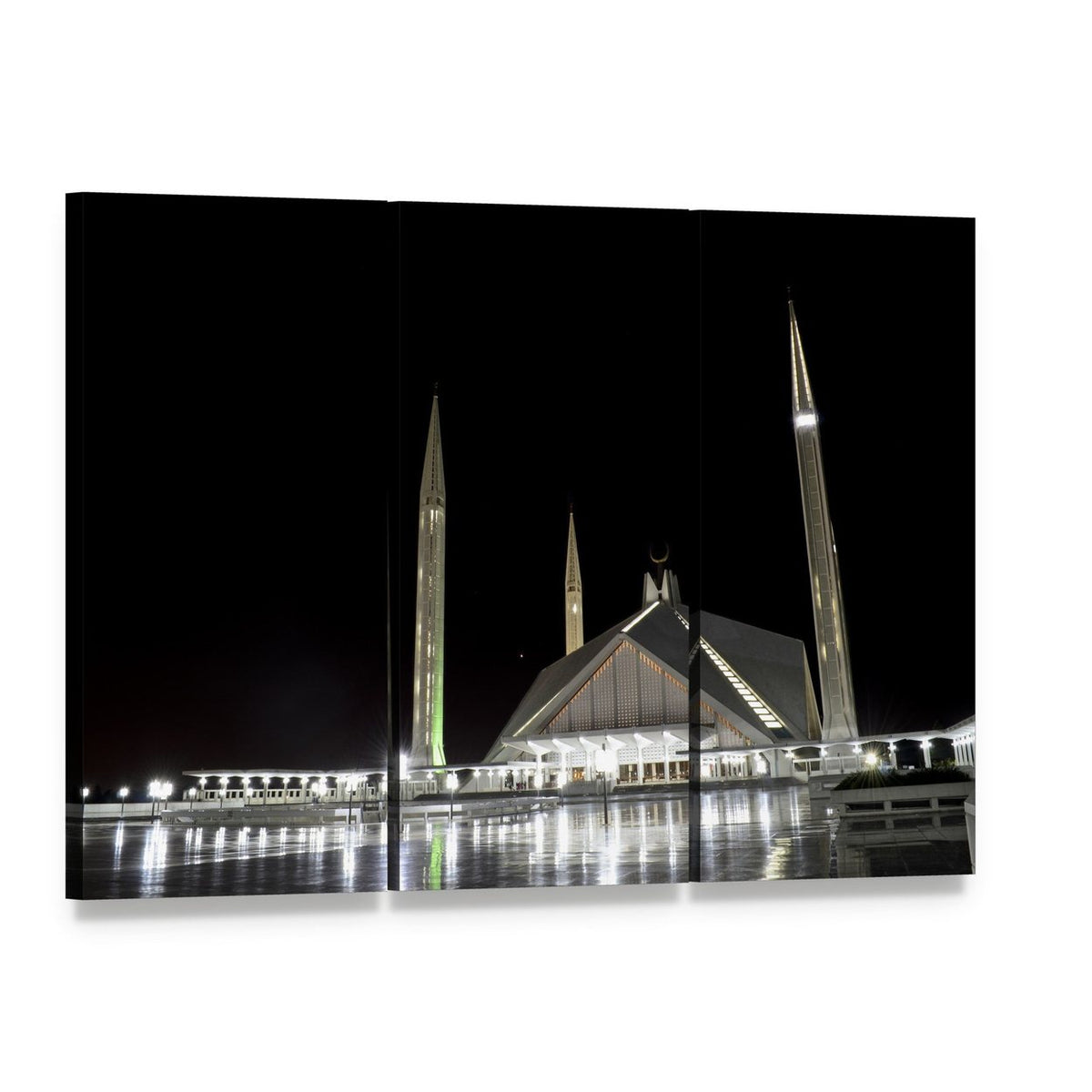 Illuminated Faisal Mosque at Night Canvas Wall Art, 3 panel 3 Horizontal layout gallery wrapped canvas set, angled product view