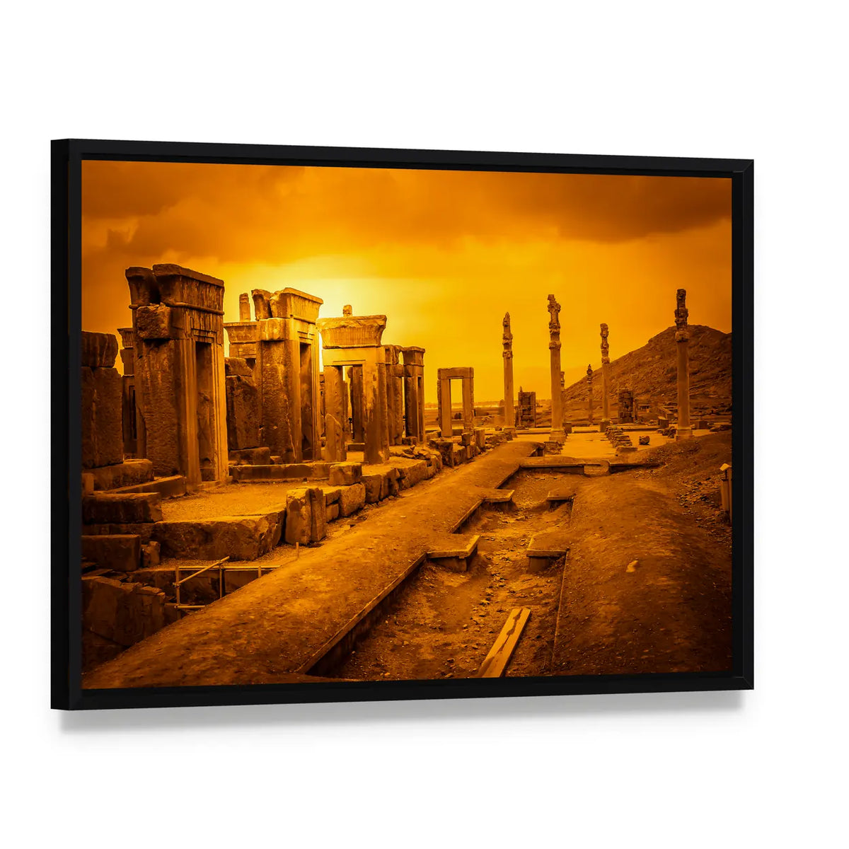 Persepolis Ruins at Sunset Canvas Wall Art, framed canvas in a black floater frame, angled product view