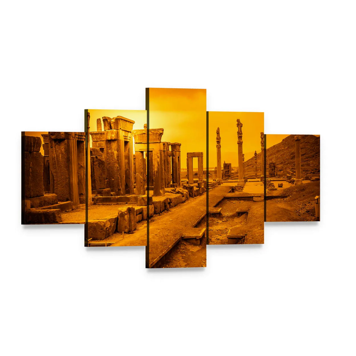 Persepolis Ruins at Sunset Canvas Wall Art, 5 panel 5 Star layout gallery wrapped canvas set, angled product view