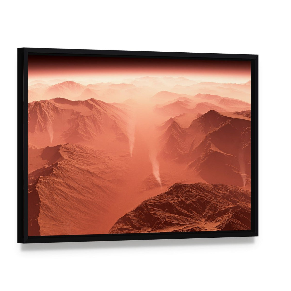 Dust Storm on Mars Canvas Wall Art, framed canvas in a black floater frame, angled product view