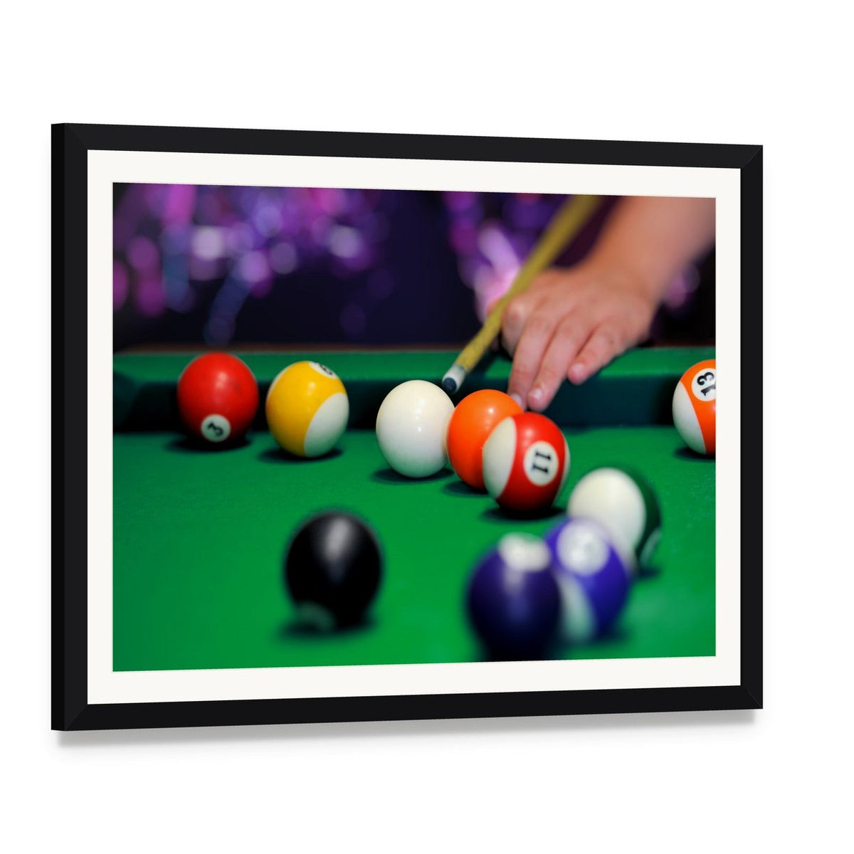 Green Pool Table Canvas Wall Art, framed print with white mat and black frame, angled product view