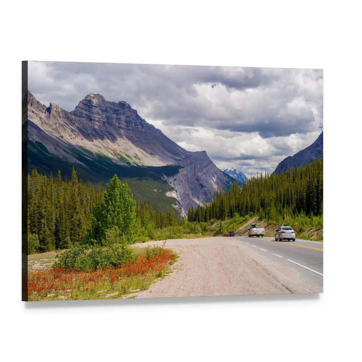 Mountain Road with Red Wildflowers Canvas Wall Art, single panel gallery wrapped canvas, angled product view