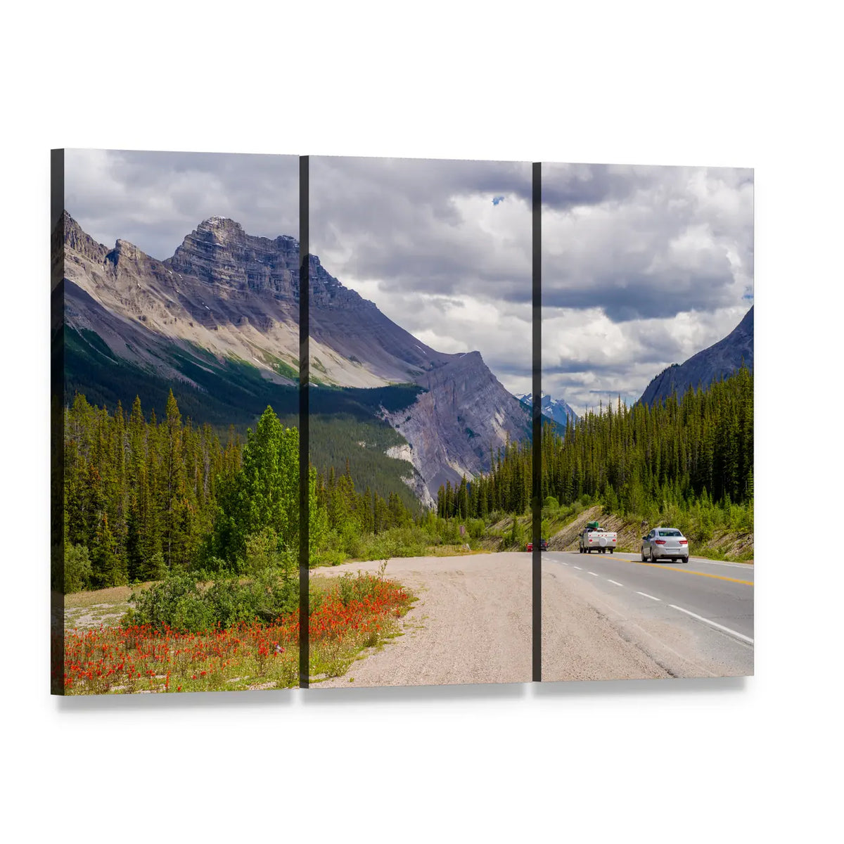 Mountain Road with Red Wildflowers Canvas Wall Art, 3 panel 3 Horizontal layout gallery wrapped canvas set, angled product view