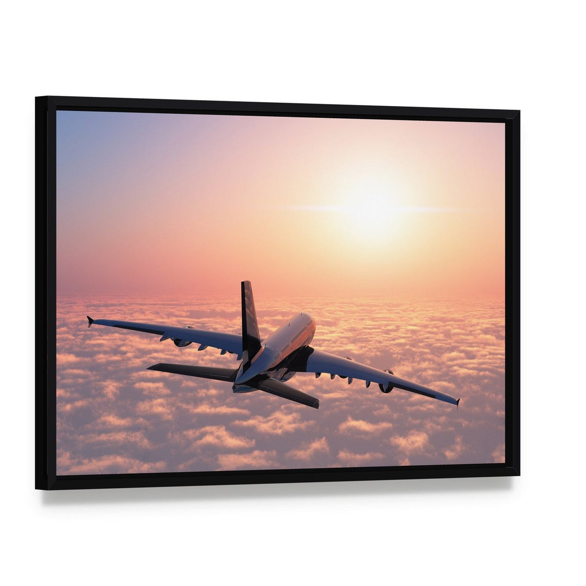 Airplane Flying Above Clouds Canvas Wall Art, framed canvas in a black floater frame, angled product view