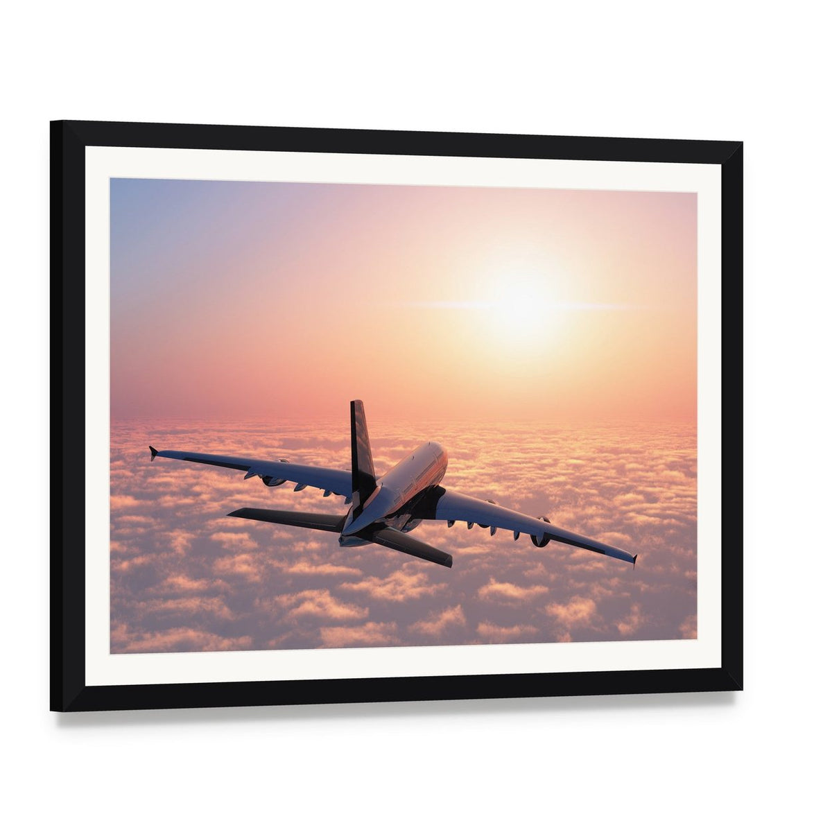 Airplane Flying Above Clouds Canvas Wall Art, framed print with white mat and black frame, angled product view
