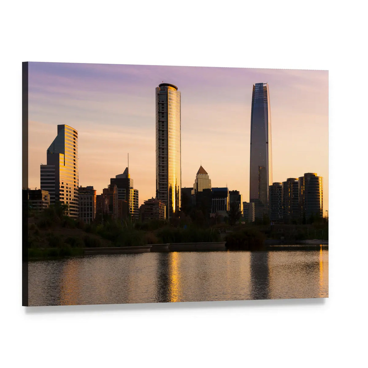 Golden Hour City Skyline with Water Reflection Canvas Wall Art, single panel gallery wrapped canvas, angled product view
