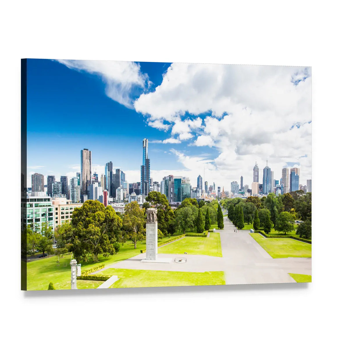 Modern City Skyline with Park and Monument Canvas Wall Art, single panel gallery wrapped canvas, angled product view