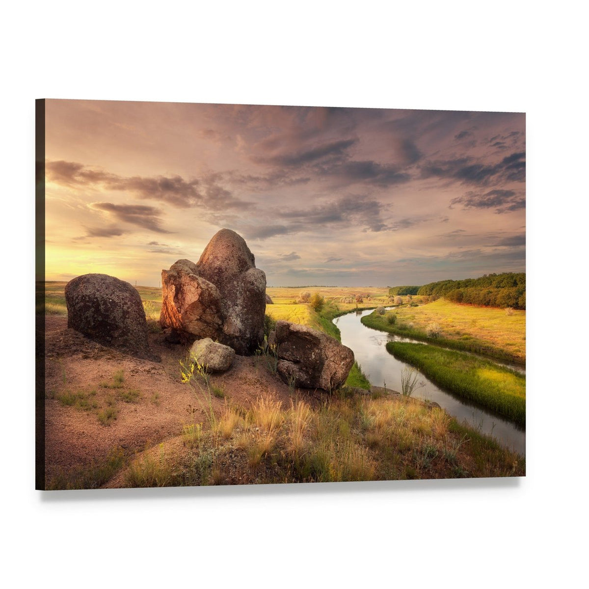 Summer River Sunset with Large Boulders Canvas Wall Art, single panel gallery wrapped canvas, angled product view
