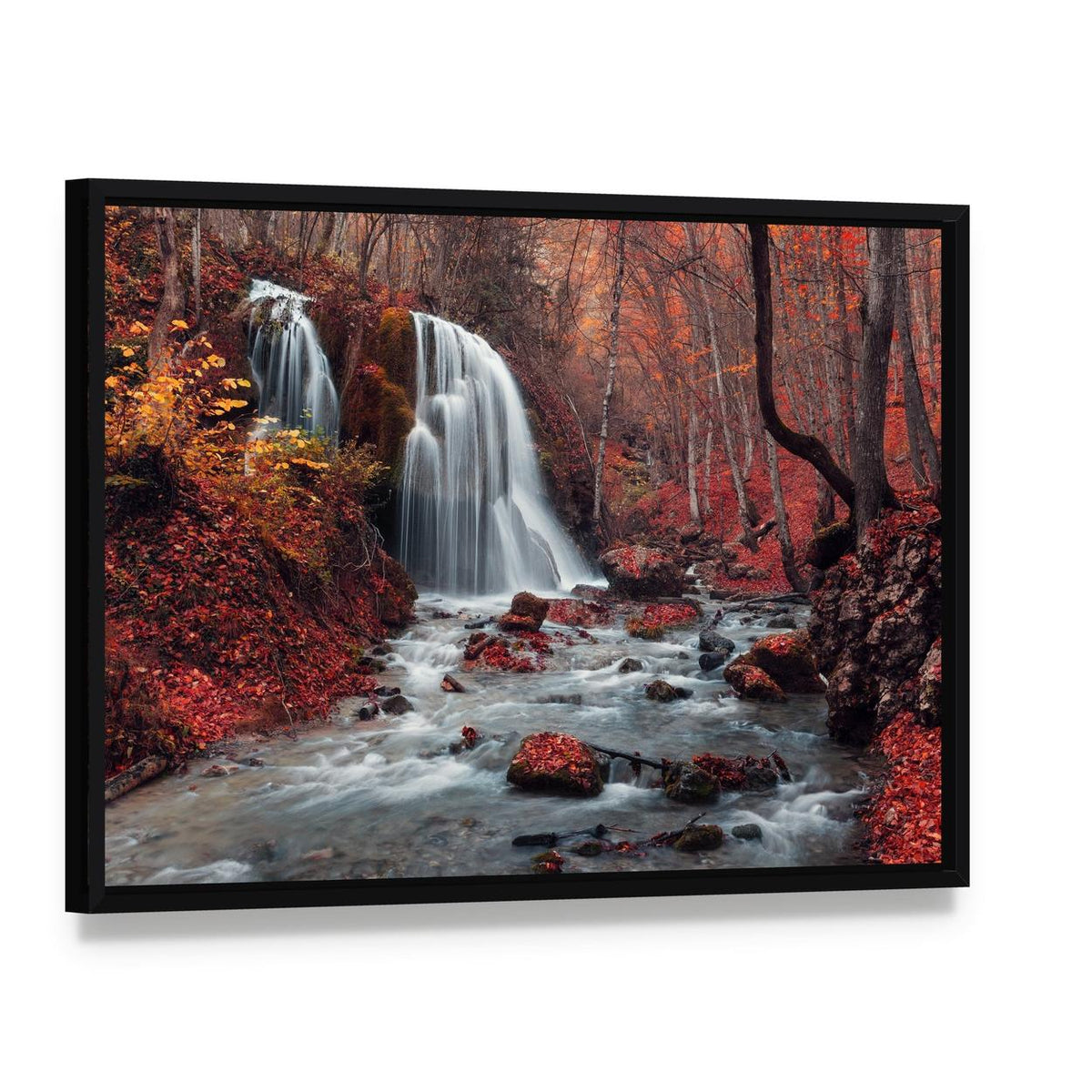 Silver Stream Waterfall in Crimea Canvas Wall Art, framed canvas in a black floater frame, angled product view