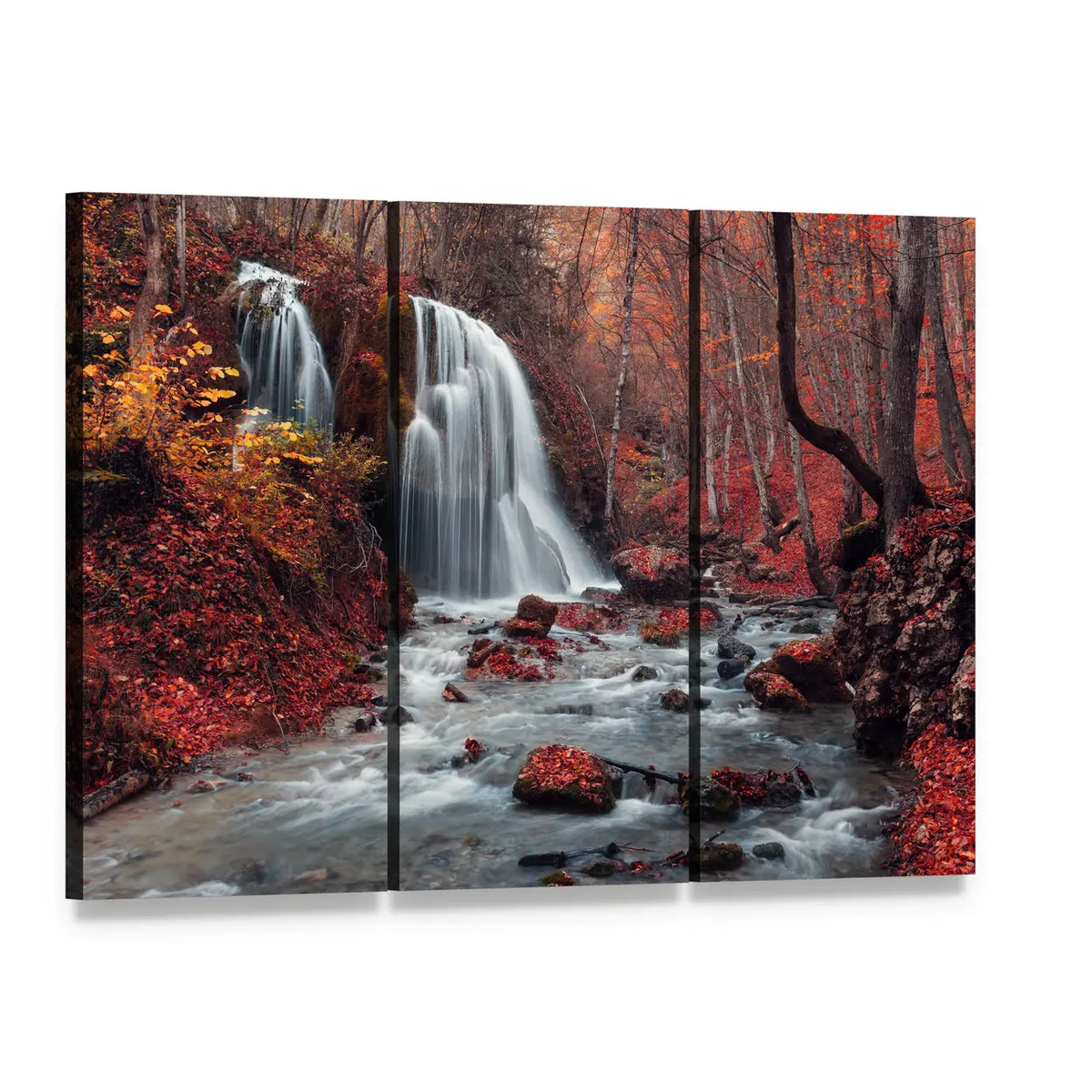 Silver Stream Waterfall Canvas Wall Art, 3 panel 3 Horizontal layout gallery wrapped canvas set, angled product view