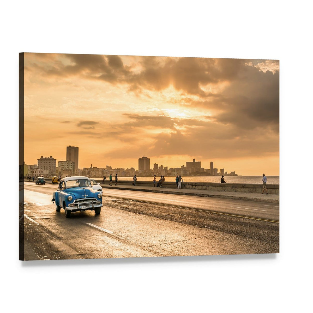 Vintage Blue Car at Sunset in Havana Canvas Wall Art, single panel gallery wrapped canvas, angled product view