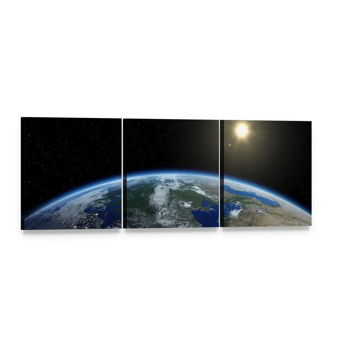 Europe from Space Panoramic Canvas Wall Art, 3 panel 3 Piece layout gallery wrapped canvas set, angled product view