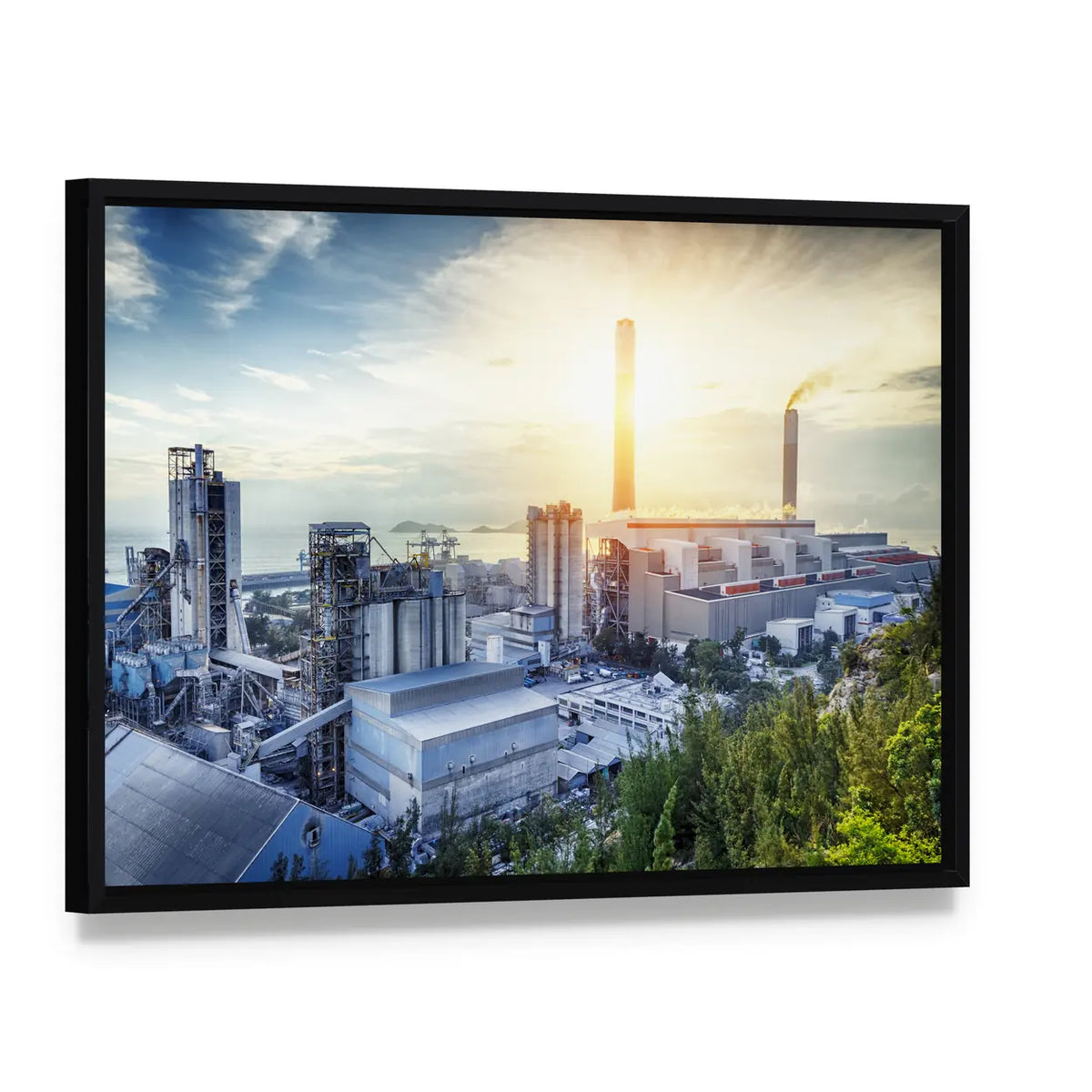 Glowing Petrochemical Plant at Sunset Canvas Wall Art, framed canvas in a black floater frame, angled product view