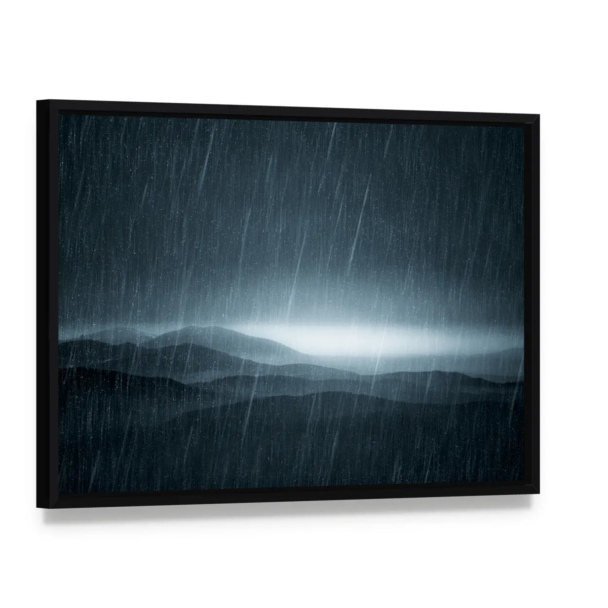 Rain Over Misty Meadows Canvas Wall Art, framed canvas in a black floater frame, angled product view