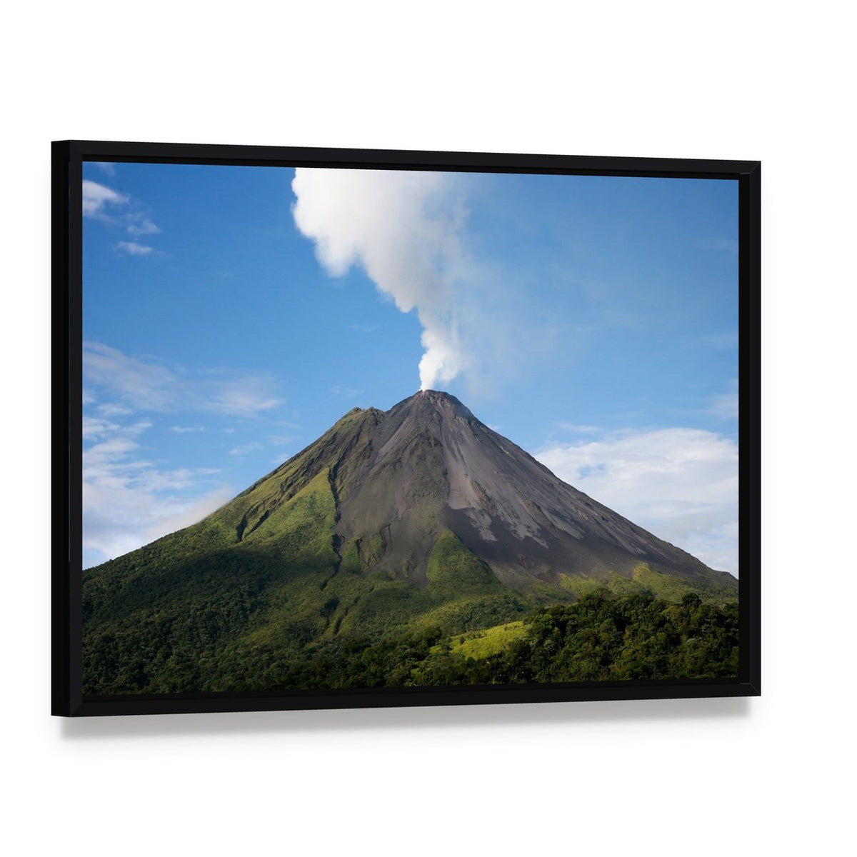 Arenal Volcano Costa Rica Canvas Wall Art, framed canvas in a black floater frame, angled product view