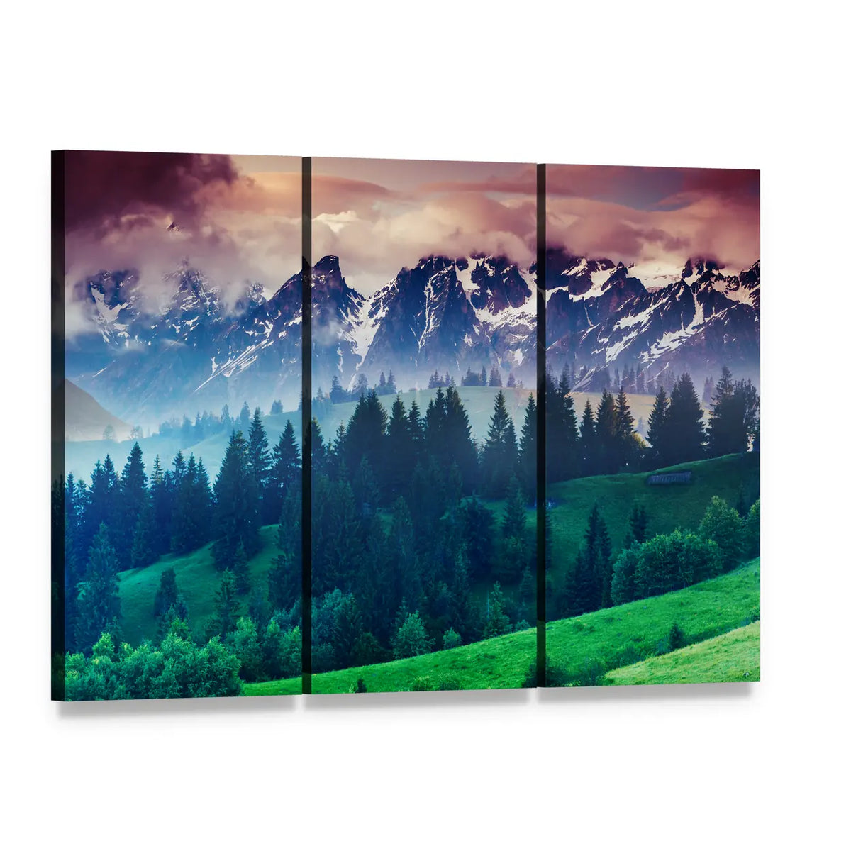 Alpine Meadows with Snow-capped Peaks Canvas Wall Art, 3 panel 3 Horizontal layout gallery wrapped canvas set, angled product view