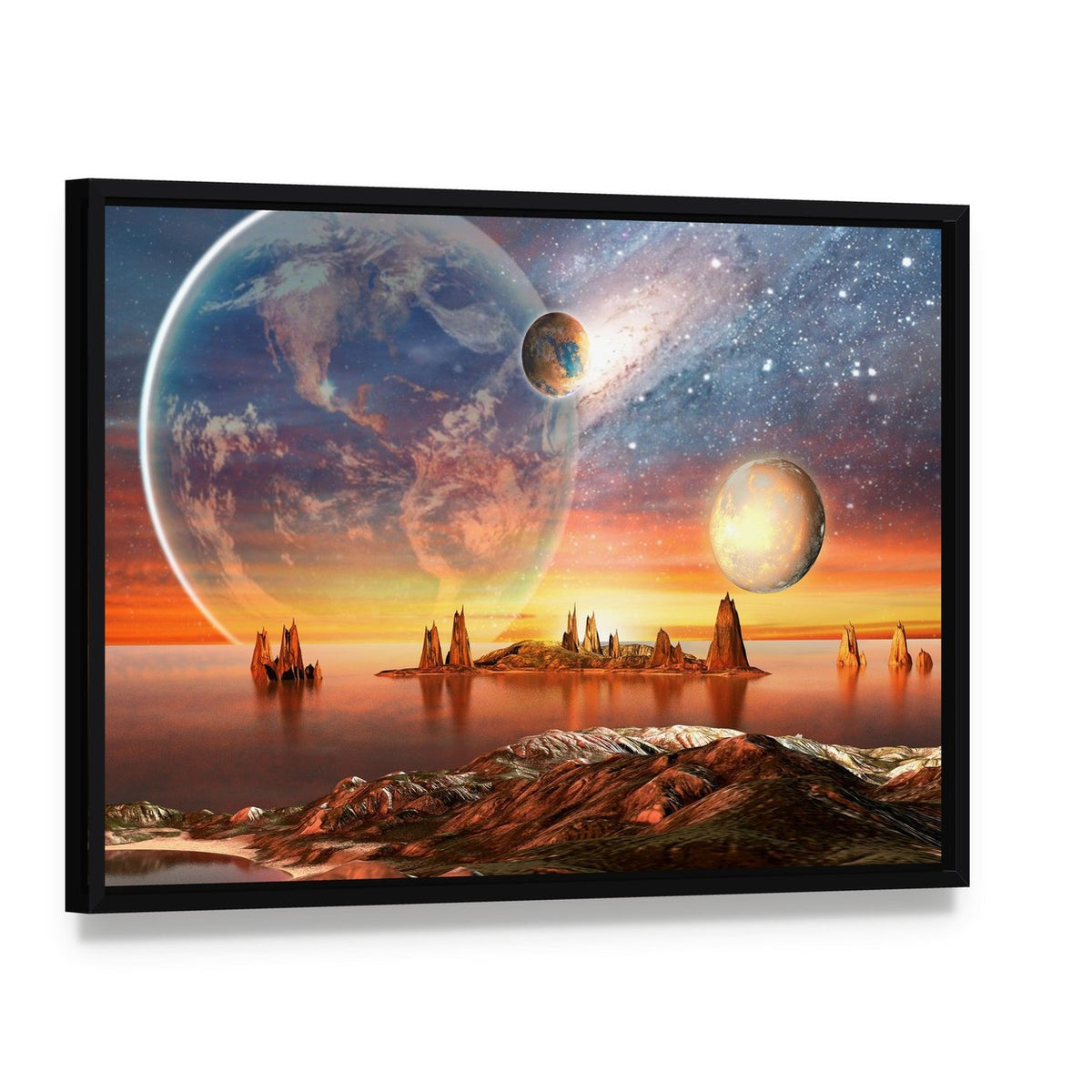 Alien Planet with Mountains Canvas Wall Art, framed canvas in a black floater frame, angled product view