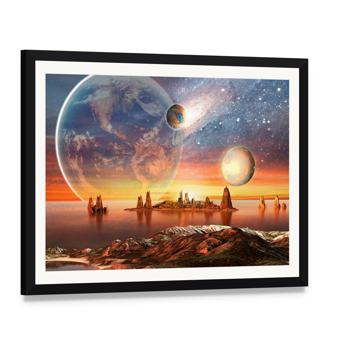 Alien Planet with Mountains Canvas Wall Art, framed print with white mat and black frame, angled product view
