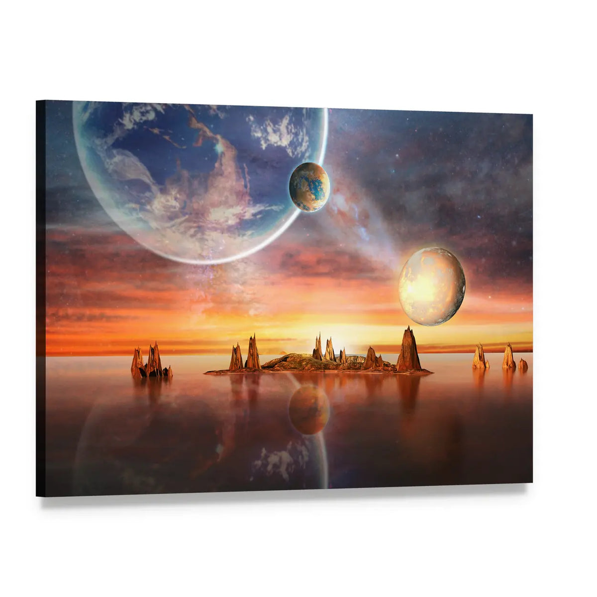 Alien Planet with Multiple Moons at Dusk Canvas Wall Art, single panel gallery wrapped canvas, angled product view