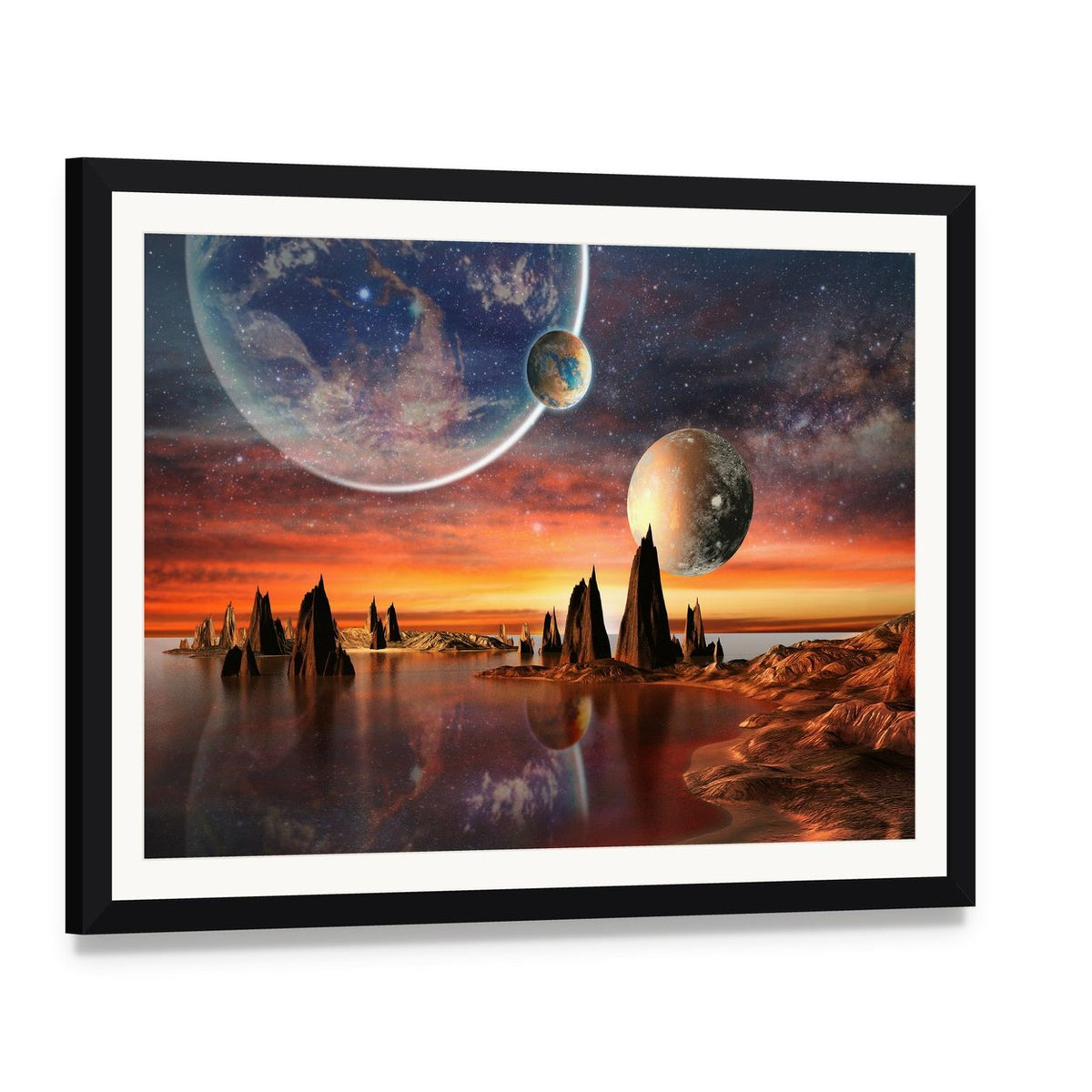 Alien Planet with Mountains Canvas Wall Art, framed print with white mat and black frame, angled product view