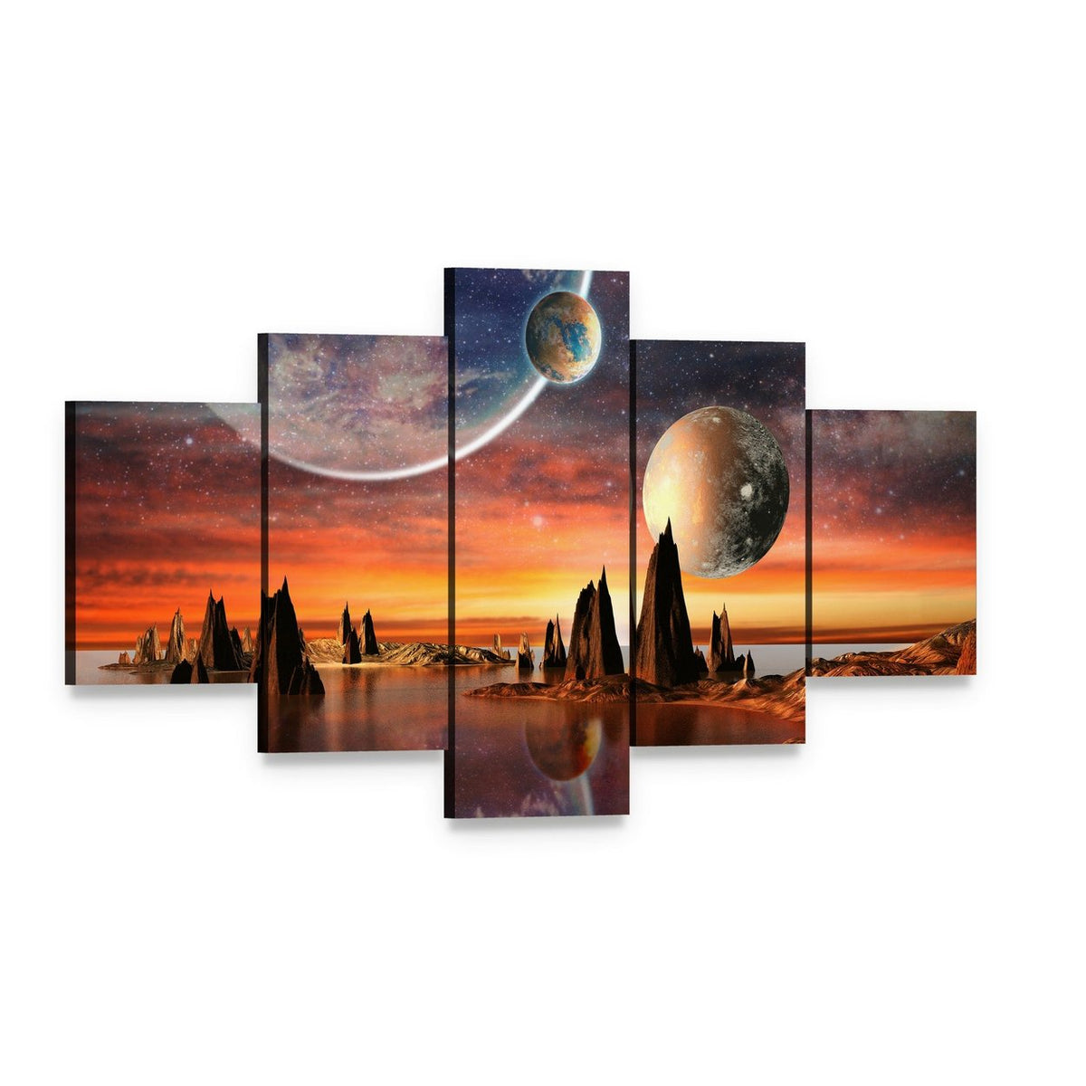 Alien Planet with Mountains Canvas Wall Art, 5 panel 5 Star layout gallery wrapped canvas set, angled product view