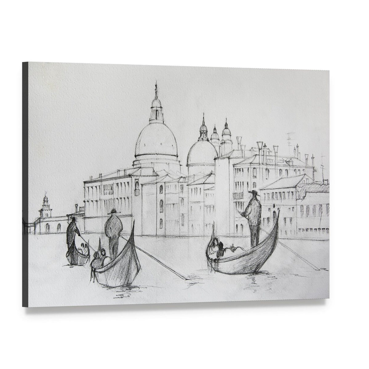 Venice Canal Pencil Sketch with Gondoliers Canvas Wall Art, single panel gallery wrapped canvas, angled product view