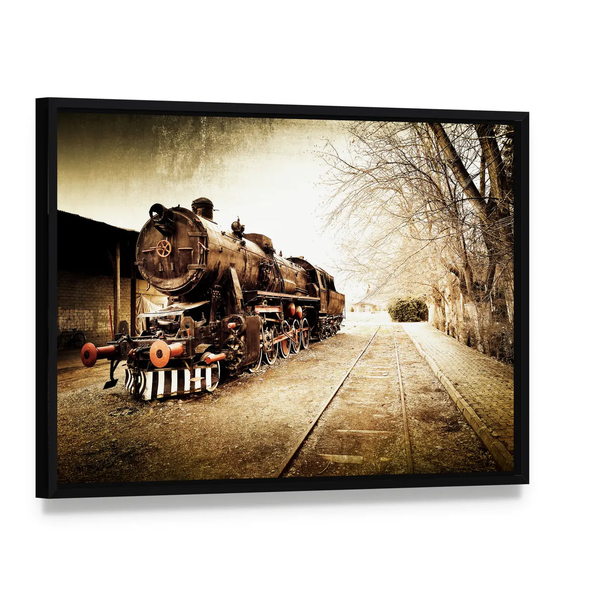 Antique Steam Locomotive in Sepia Canvas Wall Art, framed canvas in a black floater frame, angled product view