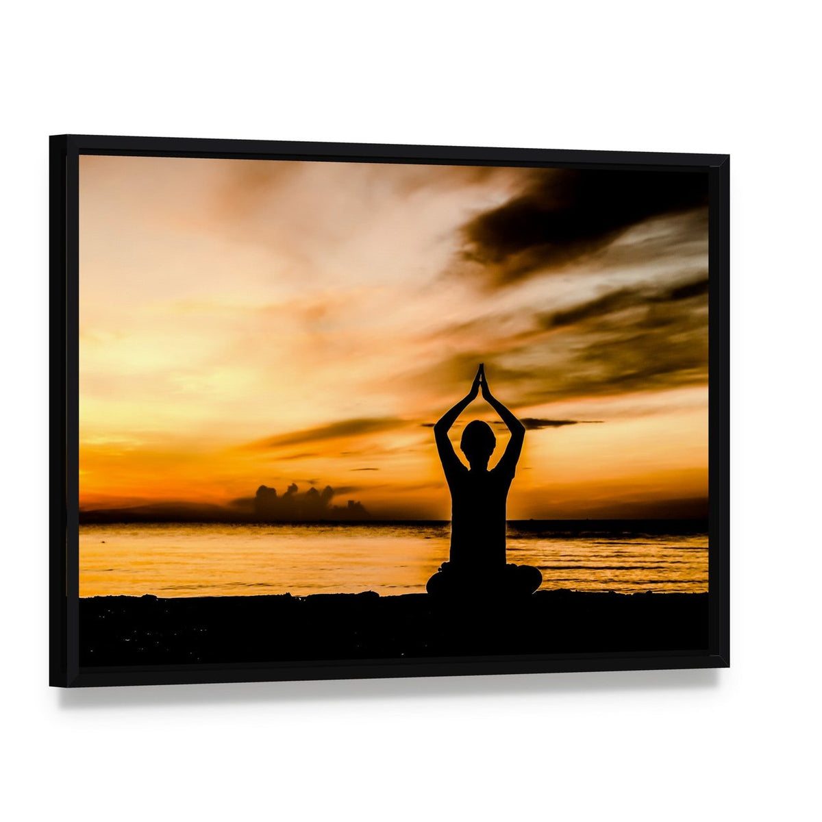 Yoga Silhouette at Sunset Beach Canvas Wall Art, framed canvas in a black floater frame, angled product view