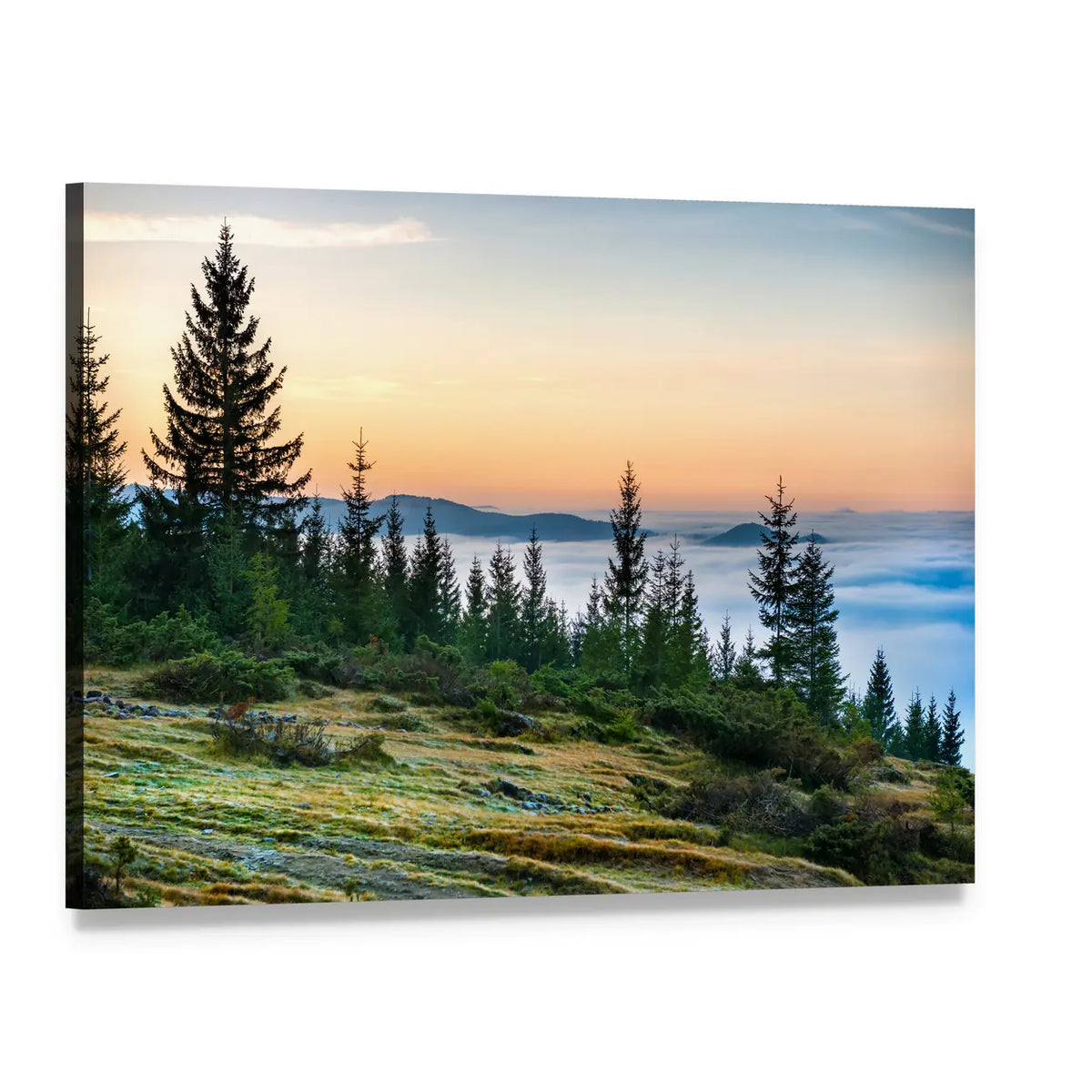 Misty Mountain Sunrise Over Evergreen Valley Canvas Wall Art, single panel gallery wrapped canvas, angled product view