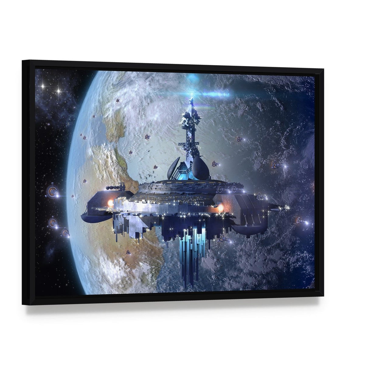 Aliens Mothership Ufo Canvas Wall Art, framed canvas in a black floater frame, angled product view