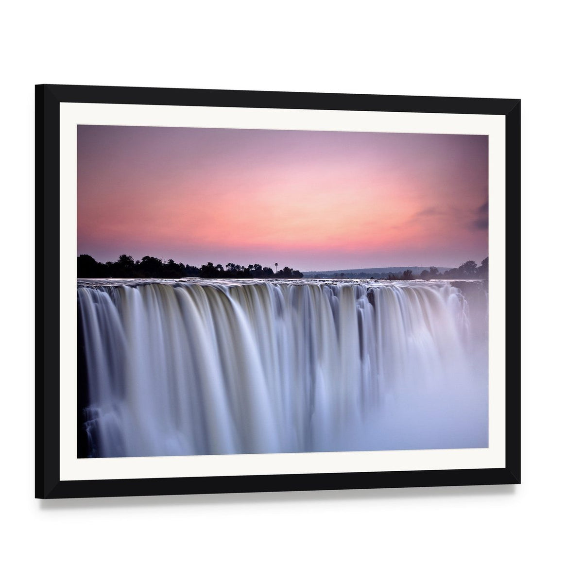 Victoria Falls Sunset Long Exposure Canvas Wall Art, framed print with white mat and black frame, angled product view