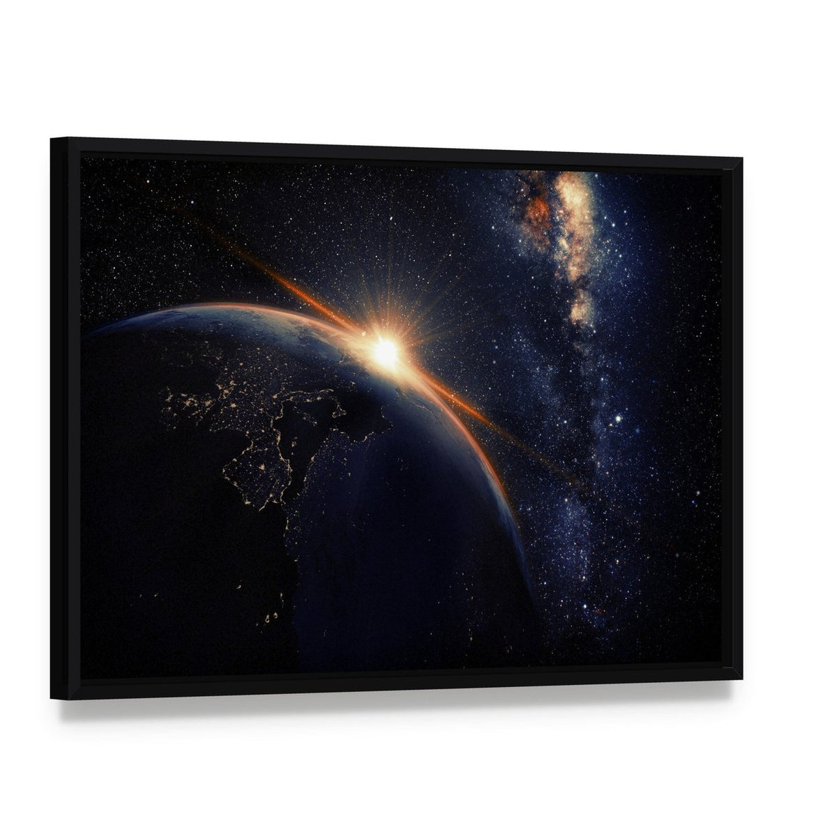 Sunset on Planet Earth at Night Canvas Wall Art, framed canvas in a black floater frame, angled product view