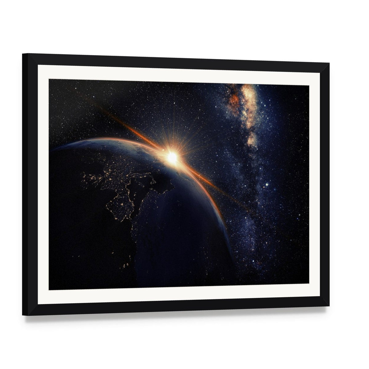 Sunset on Planet Earth at Night Canvas Wall Art, framed print with white mat and black frame, angled product view