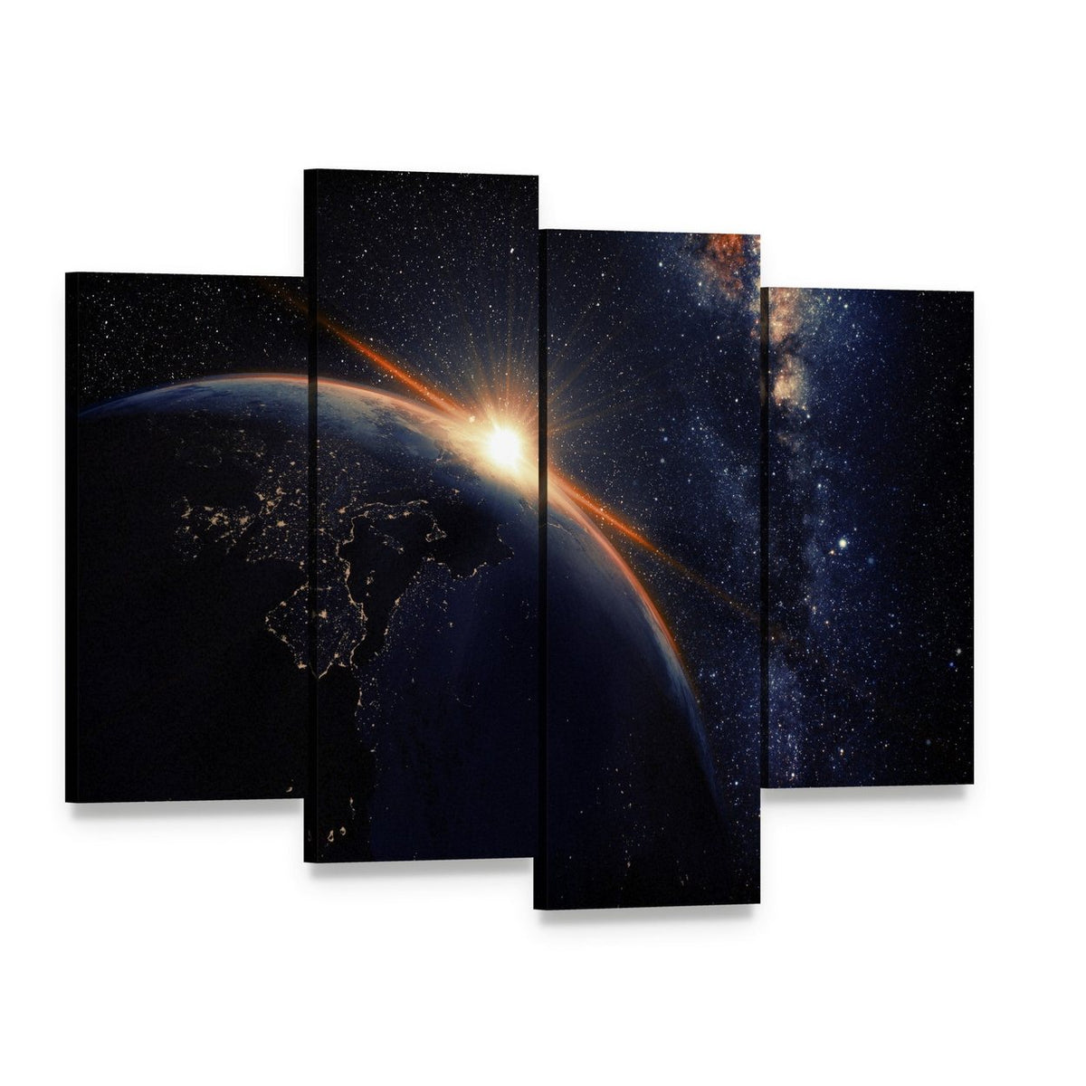 Sunset on Planet Earth at Night Canvas Wall Art, 4 panel 4 Pop layout gallery wrapped canvas set, angled product view