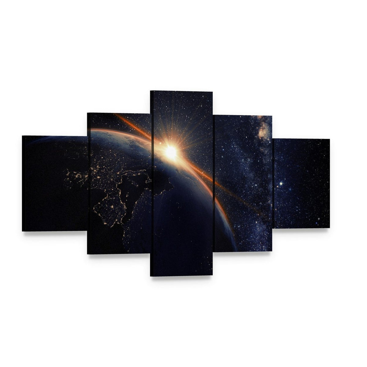 Sunset on Planet Earth at Night Canvas Wall Art, 5 panel 5 Star layout gallery wrapped canvas set, angled product view