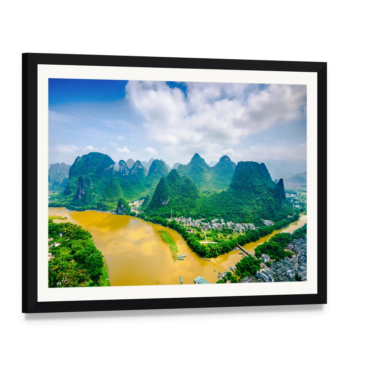 Li River in Rural Guilin Canvas Wall Art, framed print with white mat and black frame, angled product view