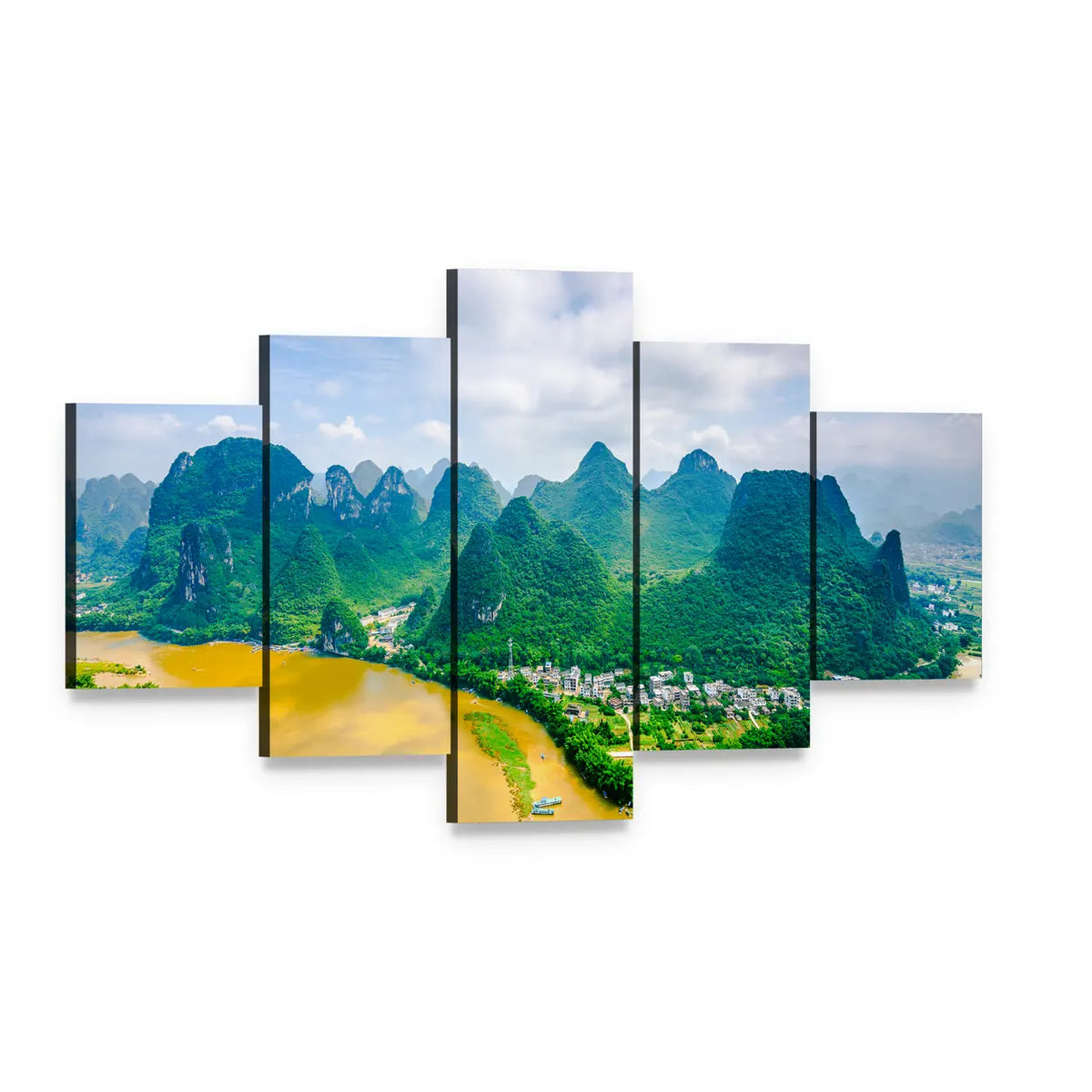 Li River in Rural Guilin Canvas Wall Art, 5 panel 5 Star layout gallery wrapped canvas set, angled product view