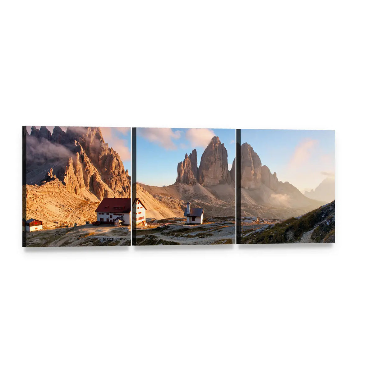 Dolomites Three Jagged Peaks at Sunrise Panoramic Canvas Wall Art, 3 panel 3 Piece layout gallery wrapped canvas set, angled product view