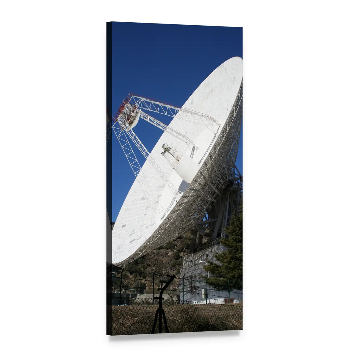 Radio Telescope Dish Under Clear Blue Sky Vertical Canvas Wall Art, 1 panel 1 Vertical layout gallery wrapped canvas set, angled product view