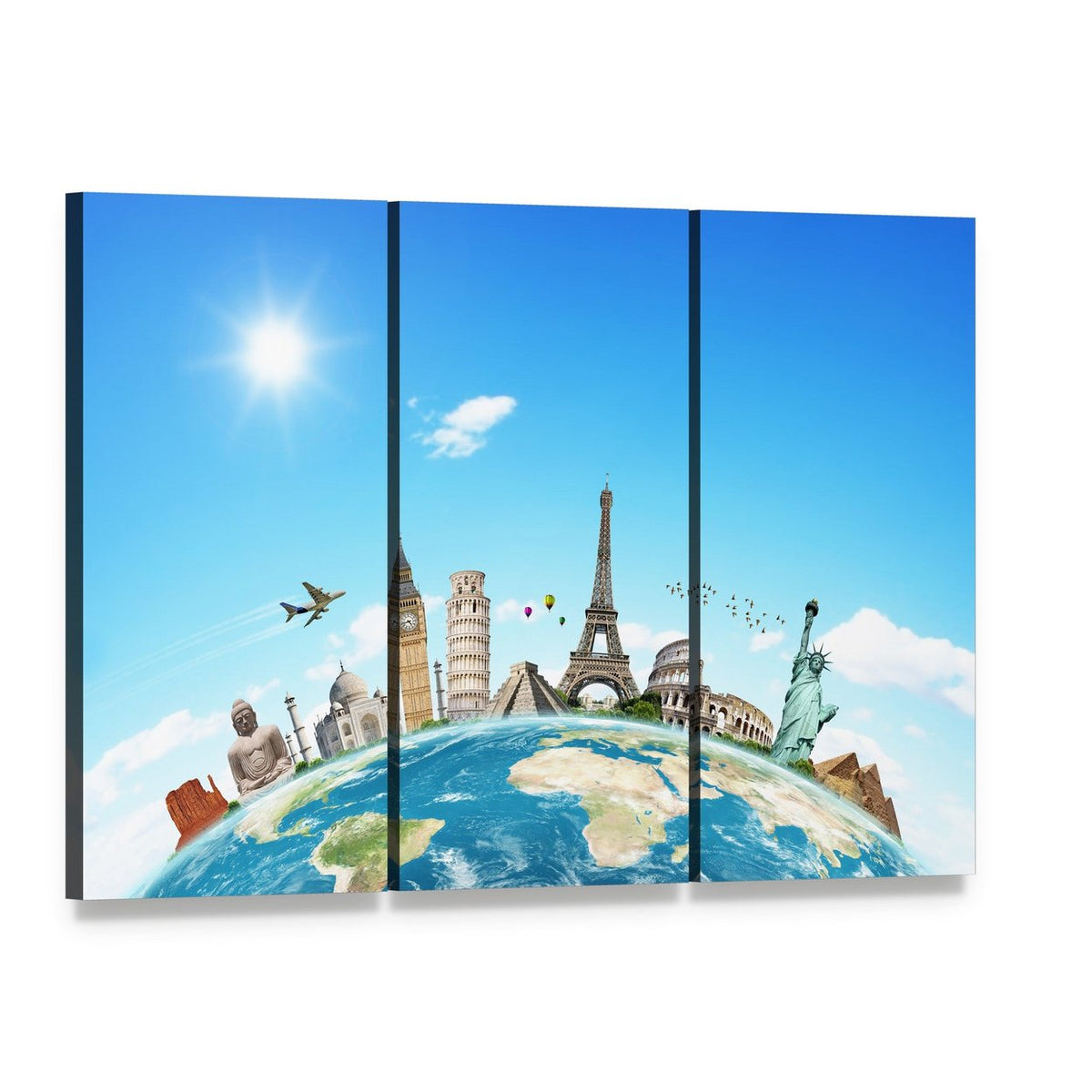 Famous Monuments of the World Canvas Wall Art, 3 panel 3 Horizontal layout gallery wrapped canvas set, angled product view