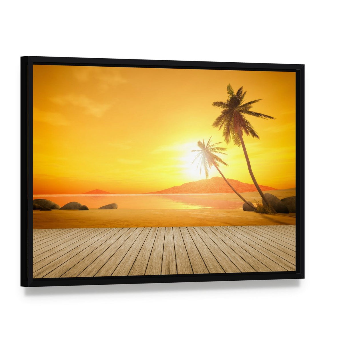 Sunset Over the Ocean Canvas Wall Art, framed canvas in a black floater frame, angled product view