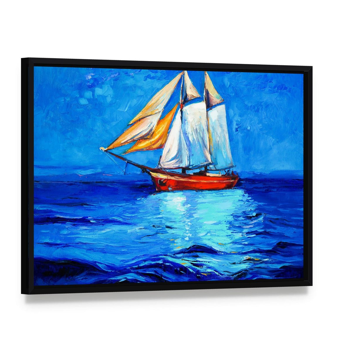 Watercolor Sketch of Sail Ship and Sea Canvas Wall Art, framed canvas in a black floater frame, angled product view