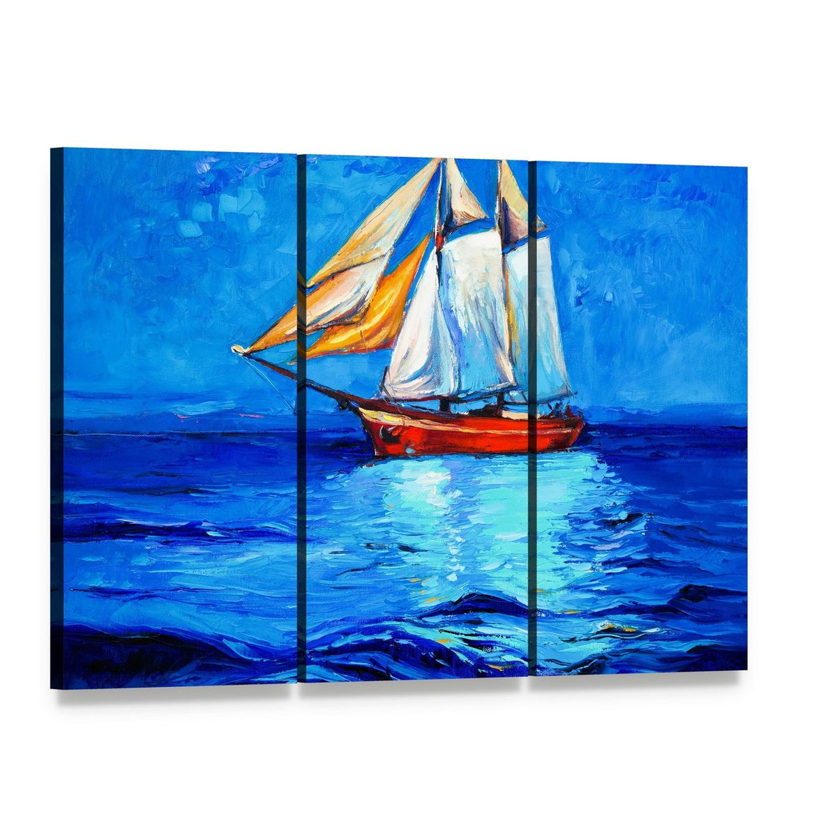 Watercolor Sketch of Sail Ship and Sea Canvas Wall Art, 3 panel 3 Horizontal layout gallery wrapped canvas set, angled product view