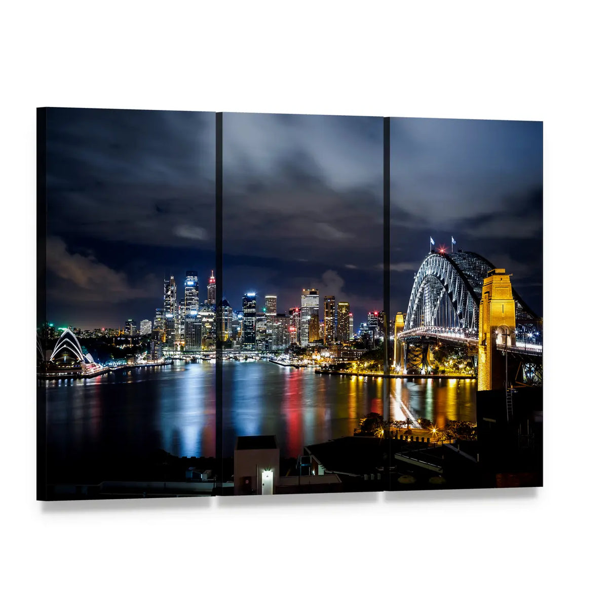 Sydney Harbour Bridge Night Skyline Canvas Wall Art, 3 panel 3 Horizontal layout gallery wrapped canvas set, angled product view