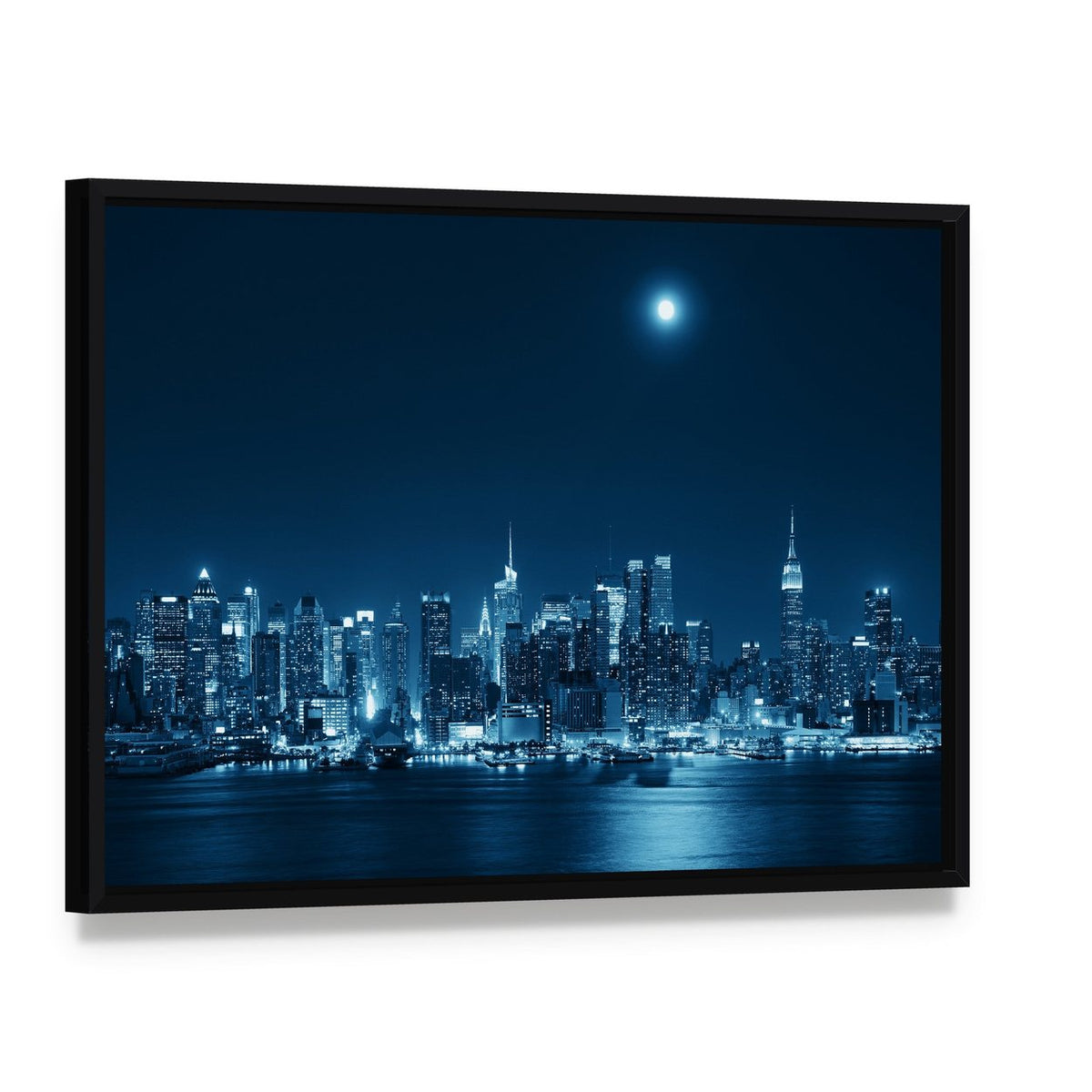Moon Rise Over Manhattan Canvas Wall Art, framed canvas in a black floater frame, angled product view