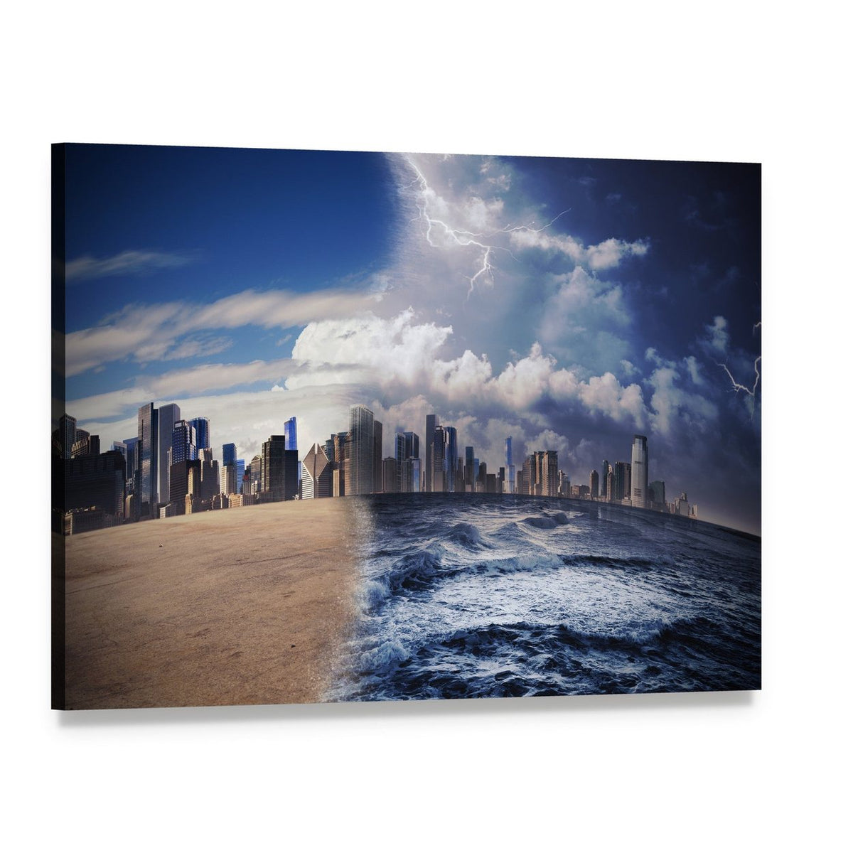Melting Glaciers and Stormy Cityscape Canvas Wall Art, single panel gallery wrapped canvas, angled product view