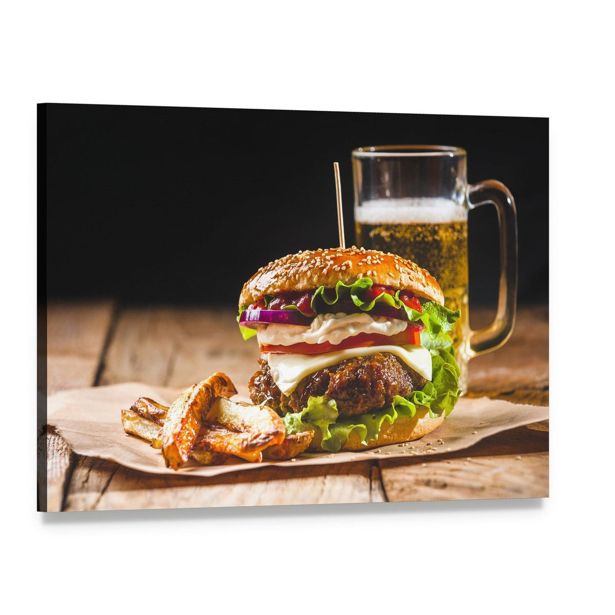 Burger with Fries and Beer Canvas Wall Art, single panel gallery wrapped canvas, angled product view