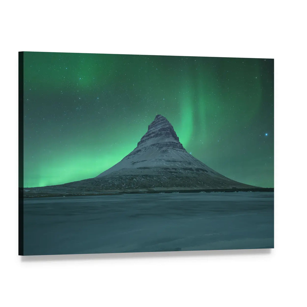Northern Lights Over Mount Kirkjufell Canvas Wall Art, single panel gallery wrapped canvas, angled product view